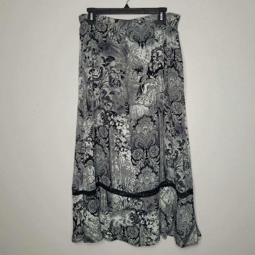 Vintage black white abstract floral grunge midi maxi art to wear skirt size 16